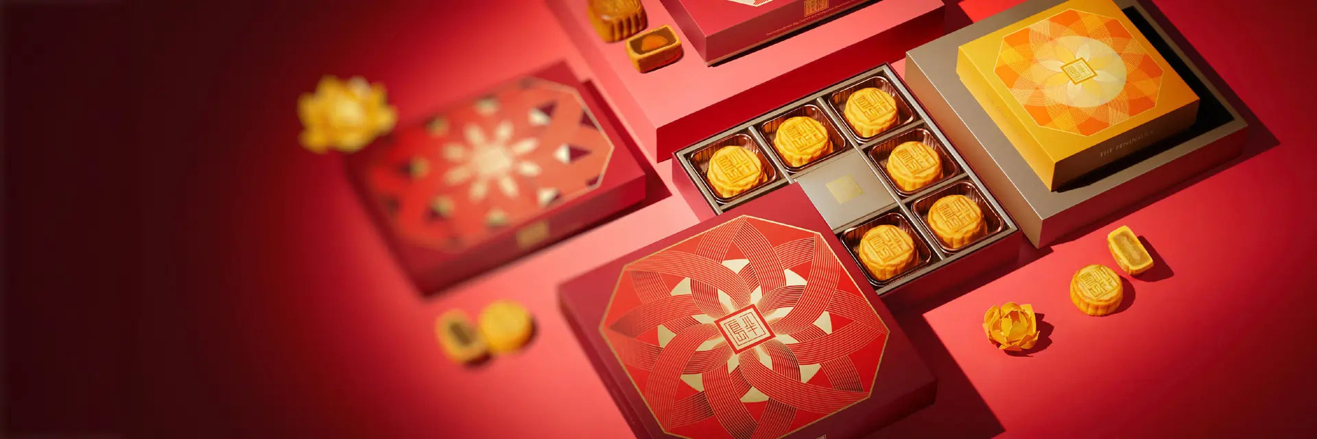 Boxes of Mooncakes on a red background ready for delivery to China for Mid-Autumn Festival