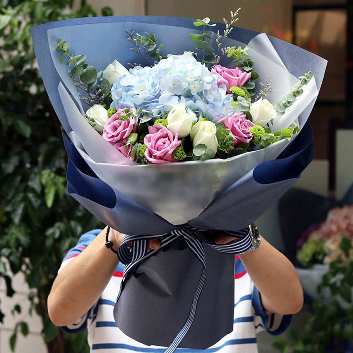 Blue Hydrangea & Rose Bouquet