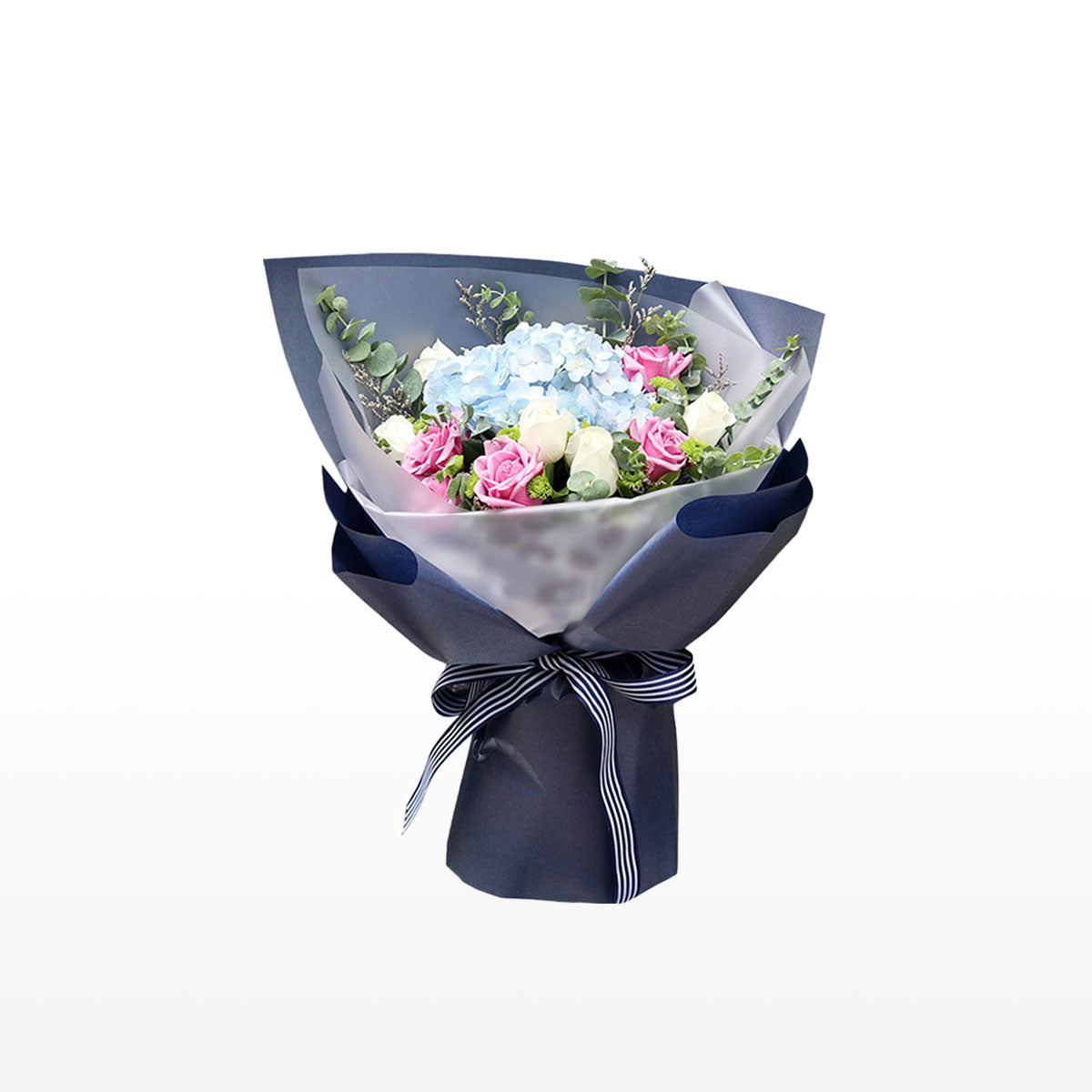 Bouquet d'hortensias bleus et de roses