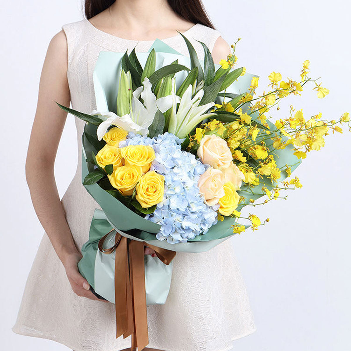 Blue Hydrangea & Rose Bouquet