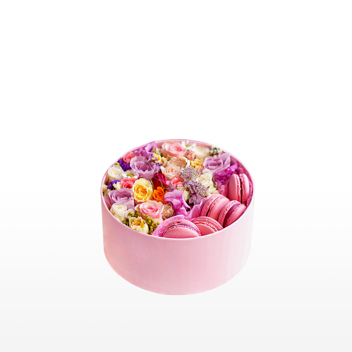 Coffret cadeau rond macaron et fleur