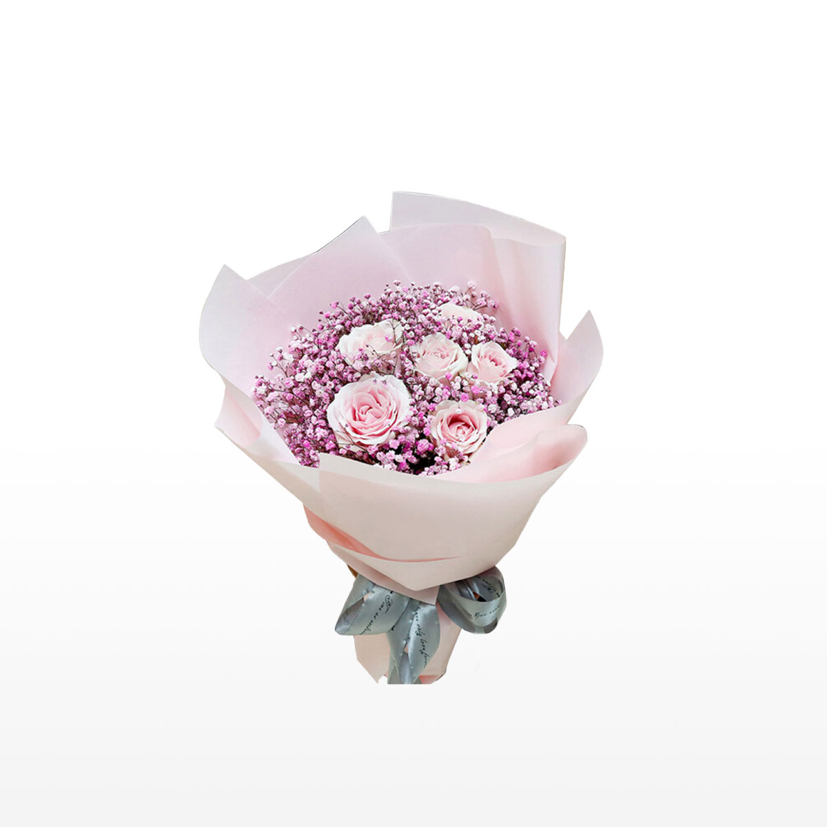 Bouquet de roses roses et de gypsophiles